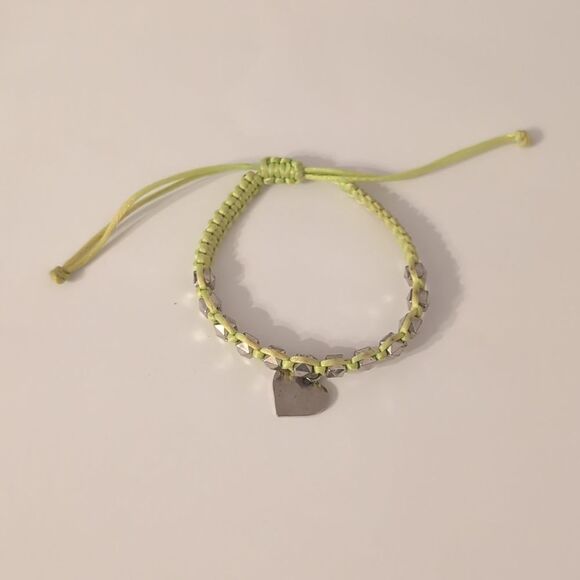 829 Lime Green Strand Silver Beaded Adjustable Slider Bracelet with Silver Charm - Picture 4 of 4